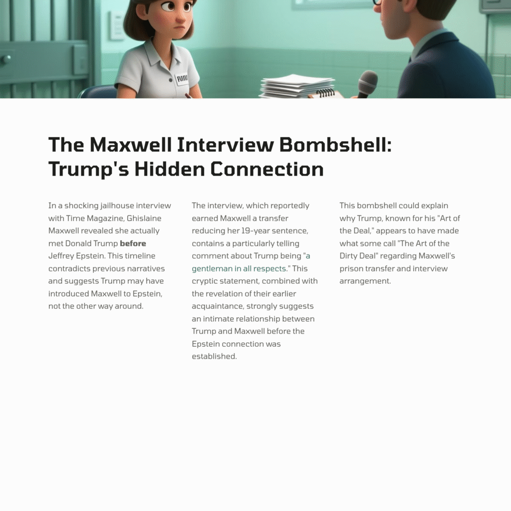 Graphic summarizing claims about a Ghislaine Maxwell interview and an alleged prior connection to Donald Trump